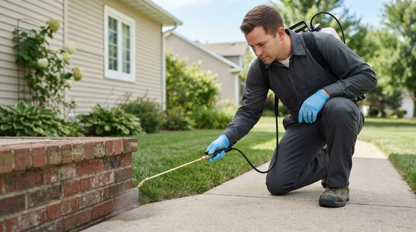 Pest control technician treating a home near Old Orchard Beach, ME